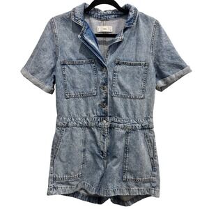 Mango‎ MNG Denim Romper Women's US Sm Short Sleeve Jean Utility Jumpsuit Pockets
